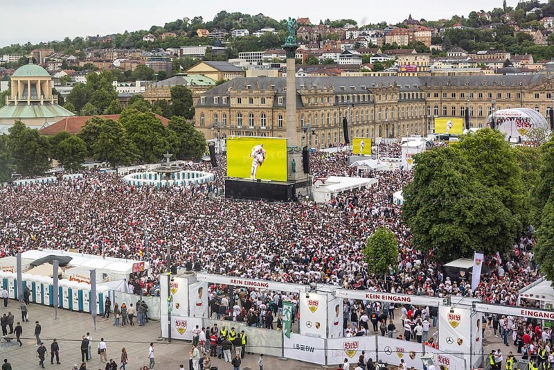 Public viewing on the Schlossplatz with 35, 000 spectators. They cheer the 4:2 victory of their VfB Stuttgart against Arminia Bielefeld in the DFB Cup final. Stuttgart, Baden-Württemberg, Germany