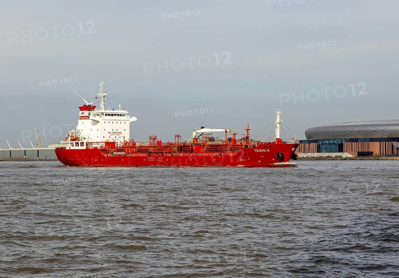 'Tequila' oil chemical tanker ship in River Mersey estuary arriving in Liverpool, England, UK