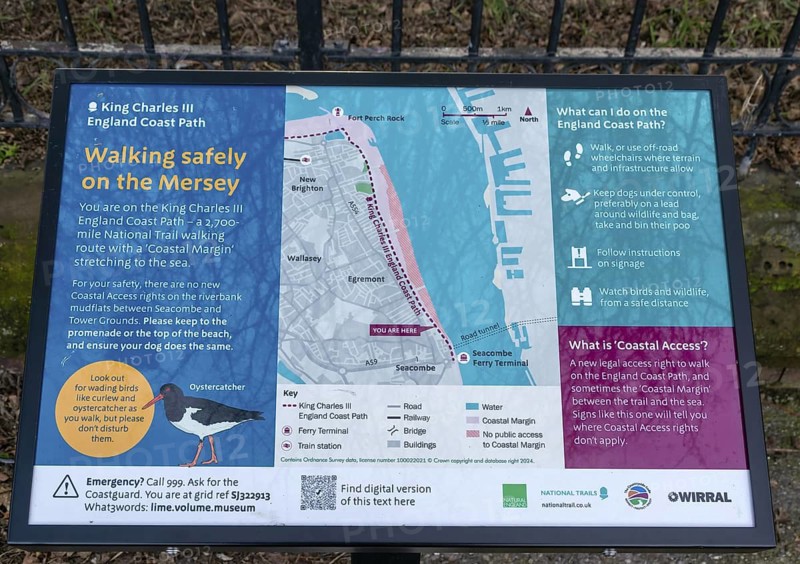 Information board and map King Charles III England Coast path, Wallasey, Wirral Peninsula, Merseyside, England, UK