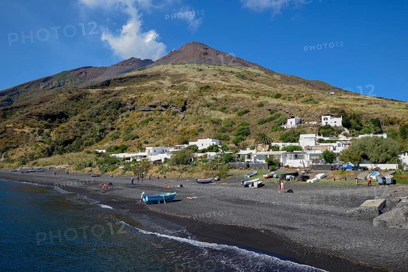 Black volcanic beach near Stromboli, island of Stromboli, Lipari Islands, Italy