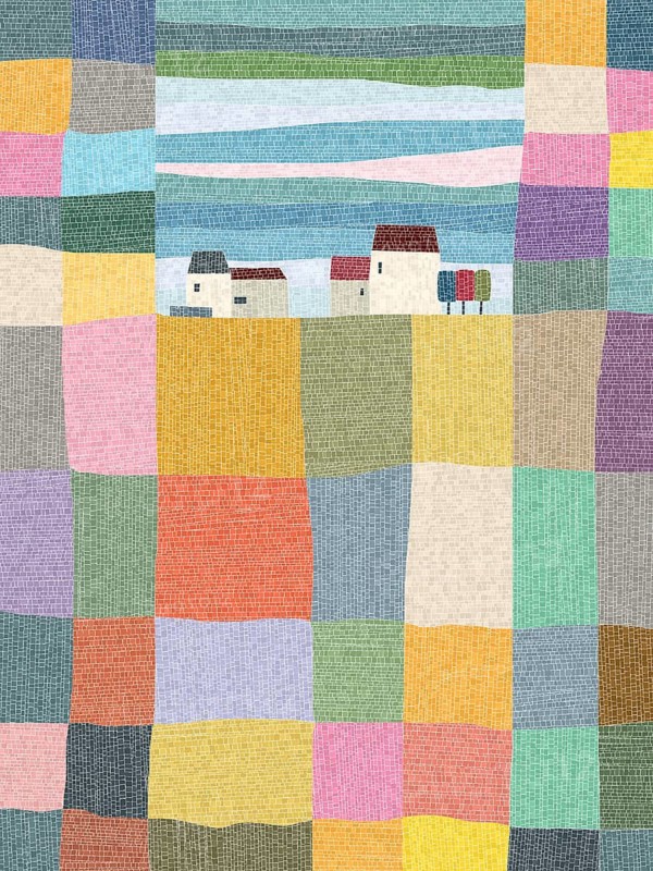 Farm village mosaic, vector illustration in colors over white background