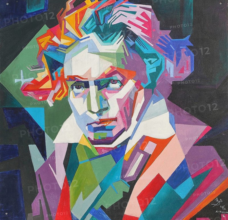 Mural Ludwig van Beethoven by Anton-Martin Göstl 2022, head, portrait, open-air gallery, winestreetart festival, wine festival, wall painting, painting, street art, expressionism, pop art, Gönnheim, Wachenheim, German Wine Route, Rhineland-Palatinate, Germany
