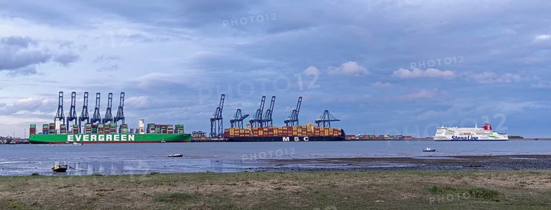 Stena Line ferry passes Felixstowe container port, Harwich, England, United Kingdom