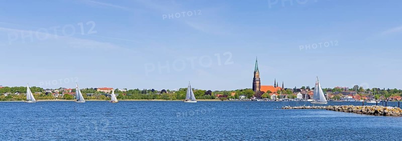Panoramic photo, church, St. Peter's Cathedral, sailboats, Schleswig, Schlei, Schleswig-Holstein, Germany