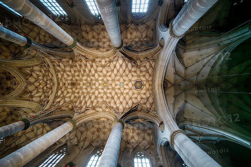 Interior view ceiling, late-Gothic mesh vault of the choir, choir room, Heilig-Kreuz-Münster, Gmünder Münster, Schwäbisch Gmünd, Baden-Württemberg, Germany