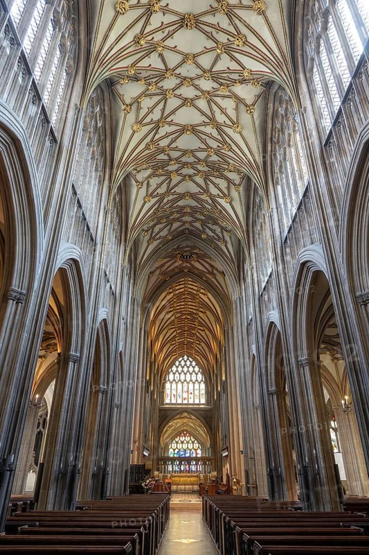 Medieval Gothic design high vaulted ceilings, interior of St Mary Redcliffe church, Bristol, England, UK