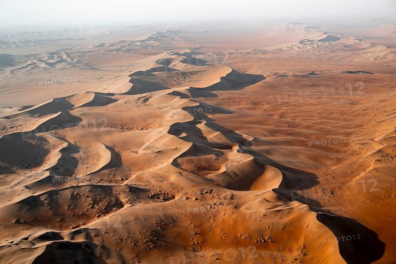 Aerial view, evening mood, red sand dunes of the Namib Desert, Namib Naukluft Park, Namibia