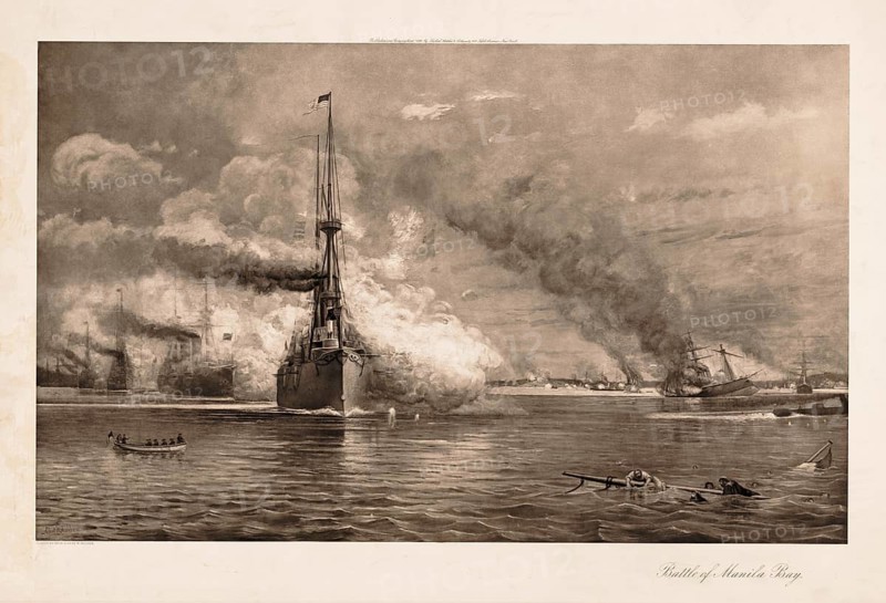 Historical account of the Battle of Manila Bay, Battle of Manila Bay, from May 1, 1898 during the Spanish-American War, in which the US Asia squadron under Commodore George Dewey destroyed the Spanish Pacific Fleet. The battle took place off Manila in the Philippines and resulted in the sinking or inability to maneuver all Spanish warships present. In the foreground is the American flagship, the protected cruiser USS Olympia, in artillery battle, American history, authentic, digitally restored reproduction from a 19th-century model, exact date of depiction unknown, historical