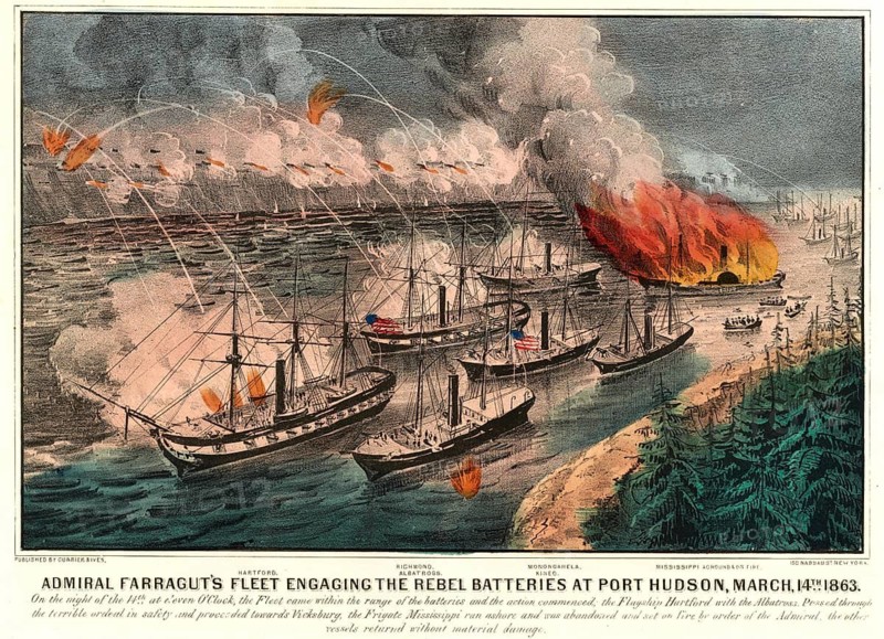Admiral Farragut's fleet engaged in battle with the Confederate batteries at Port Hudson, 14 March 1863. Night scene depicting the bombardment between the Union warships and the Confederate fortifications, an authentic, digitally restored reproduction of a 19th-century original, exact date of the scene unknown, historical