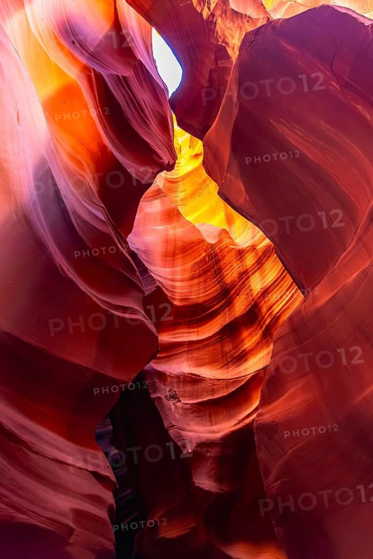 Antelope canyon displaying vibrant flowing sandstone walls sculpted by wind and water erosion, with sunlight illuminating colors, creating a natural abstract pattern and a sense of depth and wonder