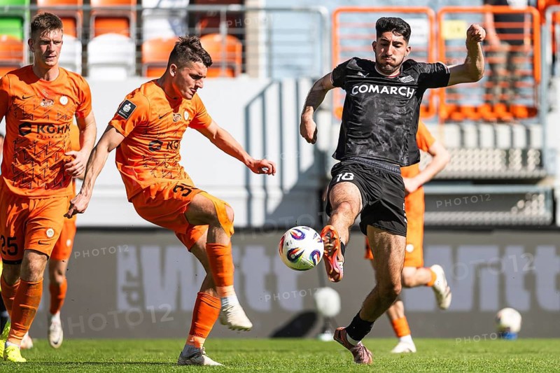 LUBIN, POLAND - MAY 3, 2026: Football match polish top league Ekstraklasa between KGHM Zaglebie Lubin vs Cracovia. In action Filip Kocaba (L) Zahiroleslam Kahveh (R)