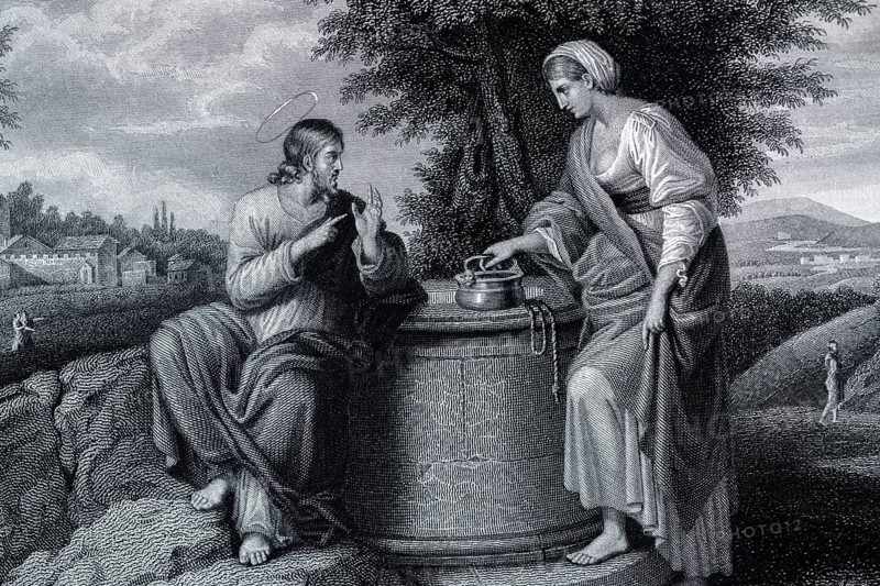 Detail from the artwork Christ and the Samaritan by Annibale Carracci, Jesus, Jacob's Well, fountain, Gospel, Gospel of John, New Testament, Bible, biblical scene, encounter, living water, faith, spirituality, Christianity, religion, discipleship, proclamation, redemption, mercy, charity, religious art, historical painting, iconography, art history, oil painting, bible illustration, barefoot, landscape, tree, historical illustration 1854