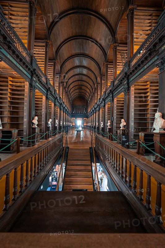 Historic library with busts and wooden interior in symmetrical arrangement, Trinity Collage, Dublin, Ireland