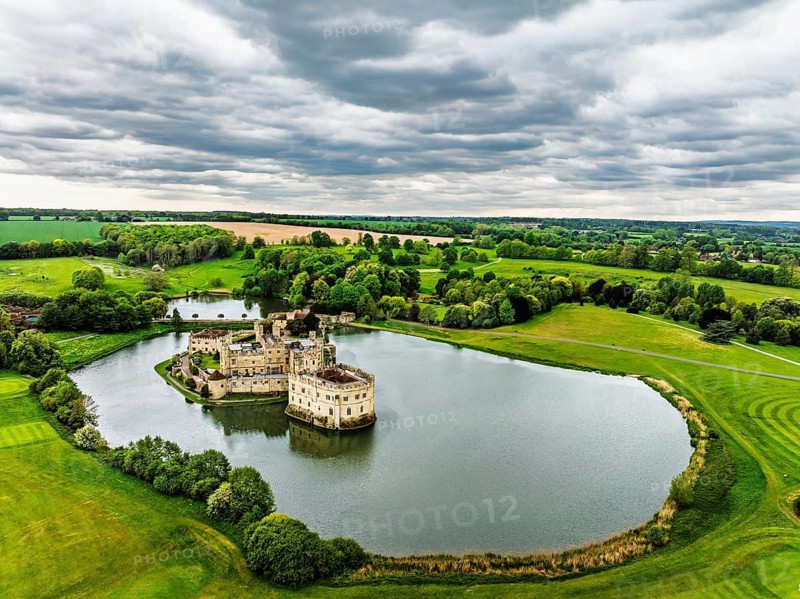 Leeds Castle from a drone, River Len, Kent, England, United Kingdom