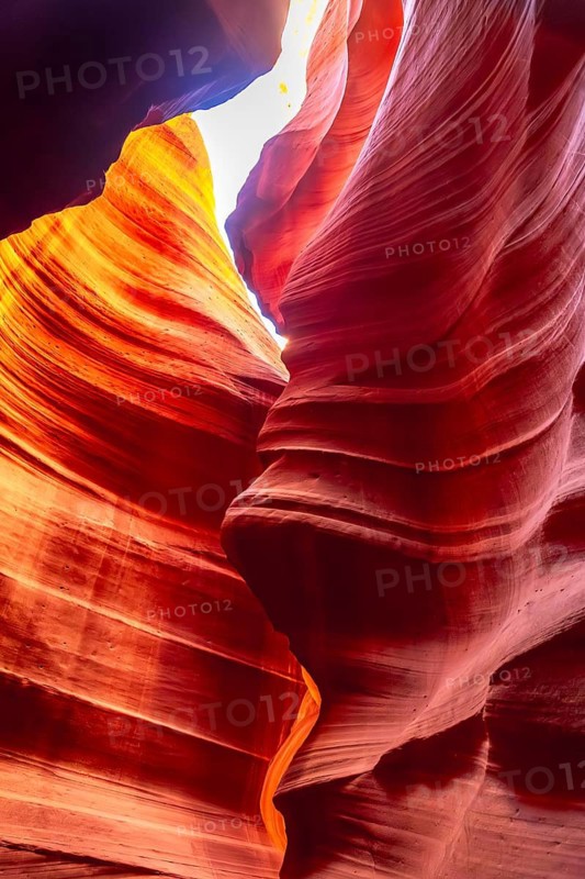 Antelope canyon's flowing sandstone walls carved by water and wind, glowing red orange as shafts of light sculpt dramatic curves, textures and shadowed striations