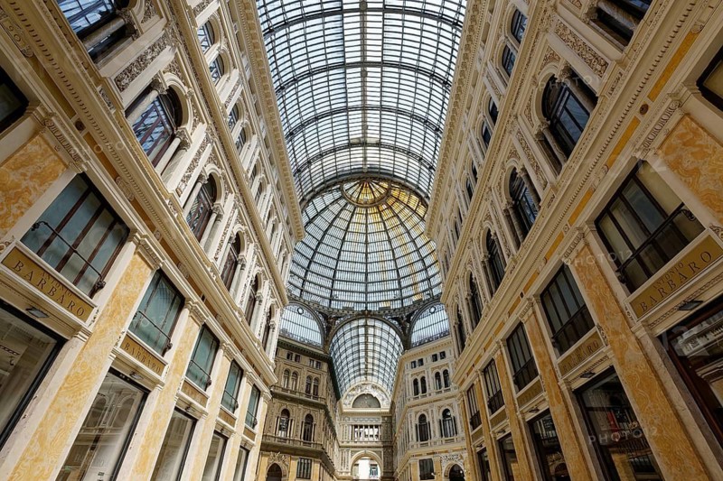 Galleria Umberto I, interior view with glass roofs and dome, historic shopping arcade, Naples, Province of Campania, Italy