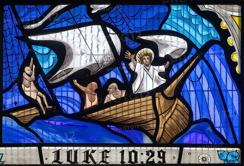 Detail modern stained glass depicting Jesus calming the storm, by Ealish Swift 2023, St Mary Redcliffe Church, Bristol, England, UK