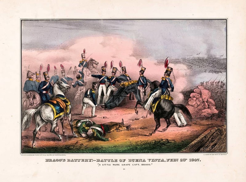Bragg's Battery, Battle of Buena Vista, Feby 23 1847. Artillery scene from the Battle of Buena Vista during the Mexican-American War. The battle took place on February 22 and 23, 1847 between US troops under General Zachary Taylor and the Mexican Army under General Santa Anna, authentic, digitally restored reproduction in high resolution from a 19th-century original, exact date of presentation unknown, American history, historical