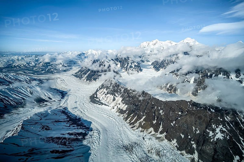Summit of high mountains with glaciers, aerial view, Alaska Range, Denali National Park, Alaska, USA