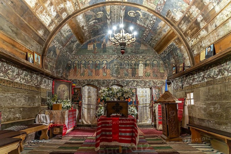 Interior of the wooden church in the ASTRA Museum of Traditional Folk Culture in Sibiu or Sibiu, Transylvania, Romania