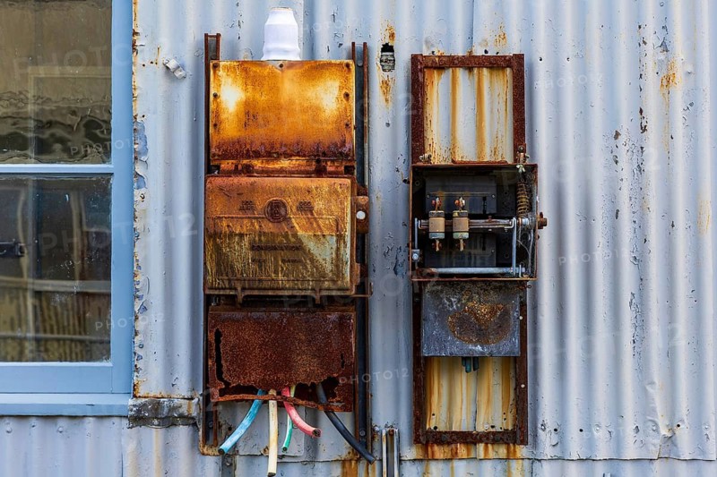 Old rusted three phase power electrical panels on a weathered metal wall in the old shipyards on Cockatoo Island, Sydney, Australia