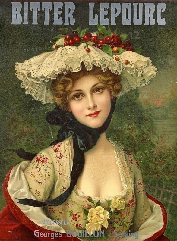 Advertising poster, beverage advertisement, poster of the brand Bitter Lepourc from the period between 1910 and 1920 depicting a woman wearing a large hat decorated with cherries, Belgium, France, authentic reproduction of a historical advertising poster, advertising sign, in high resolution