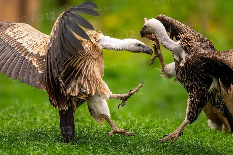 Griffon Vultures (Gyps fulvus) arguing with each other on a meadow in spring, bavaria, Germany