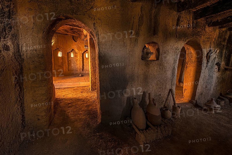 Interior of an old historic casbah with old clay jugs, kasbah, clay castle, tighremt, Berber architecture, Maghreb, North Africa, Morocco
