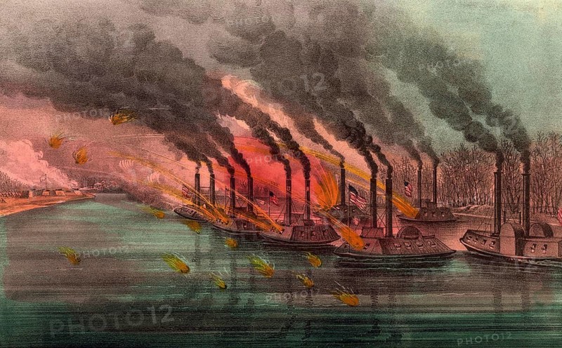 Bombardment and capture of Fort Henry, Tennessee: an attack by Union gunboats under Commodore Andrew H. Foote on the Confederate Fort Henry on 6 February 1862 during the American Civil War. In the foreground are the armoured and wooden gunboats of the US Navy (including the Cincinnati, St. Louis, Carondelet, Essex, Lexington, Conestoga and Tyler) can be seen firing, an authentic, digitally restored high-resolution reproduction of a 19th-century original, exact date of the depiction unknown, American history, historical