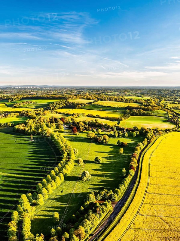 Rapeseed Fields and Farms over Horsebridge nad Stockbridge from a drone, Hampshire, England, United Kingdom