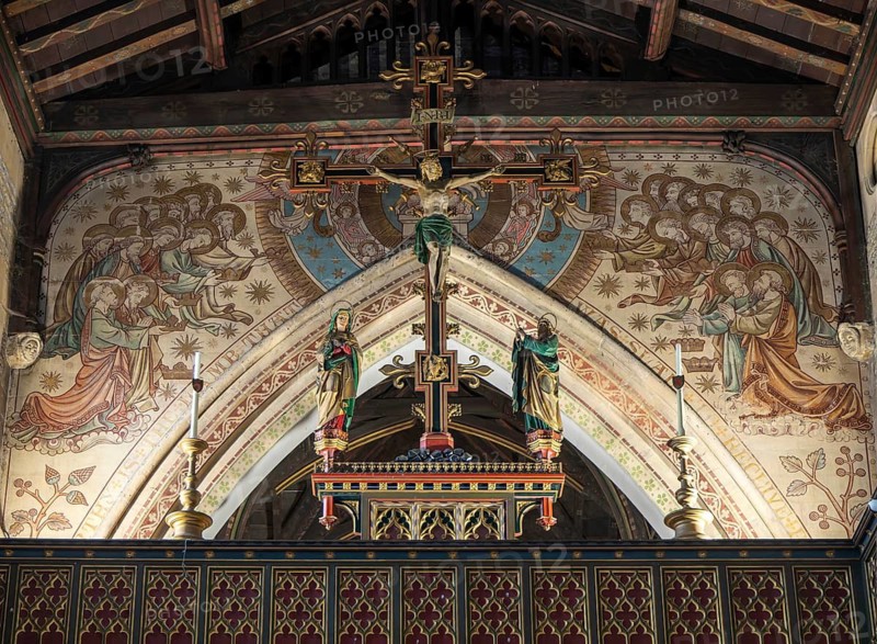 Anglo-Catholic style rood screen and chancel arch mural, parish church of St John the Baptist, Frome, Somerset, England, UK