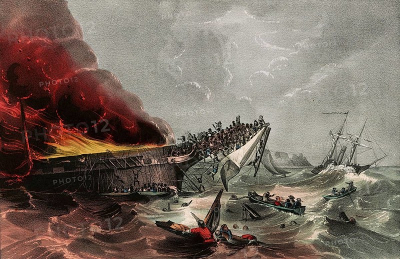 Fire and sinking of the emigrant ship Ocean Monarch off the British coast, on August 24, 1848 on the way from Liverpool to Boston. Over 170 people died in the disaster, authentic, digitally restored reproduction in high resolution from a 19th century original, exact date of presentation unknown, American history, historical