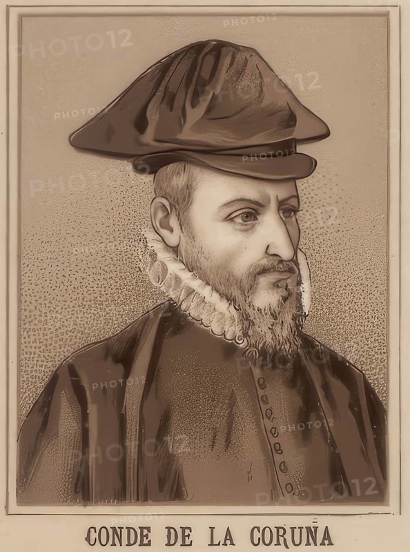Lorenzo Suárez de Mendoza y Jiménez, 5th Count of Coruna and 5th Viscount of Torija (Guadalajara, 1518 - Mexico City, 29 June 1583), was the fifth Viceroy of New Spain from 4 October 1580 to 29 June 1583. He came from the Spanish nobility, was a direct descendant of Íñigo López de Mendoza, Marquis of Santillana, and a second cousin of Antonio de Mendoza y Pacheco, the first Viceroy of New Spain, School painting, authentic reproduction of a school mural, around 1900, exact date unknown, Historical