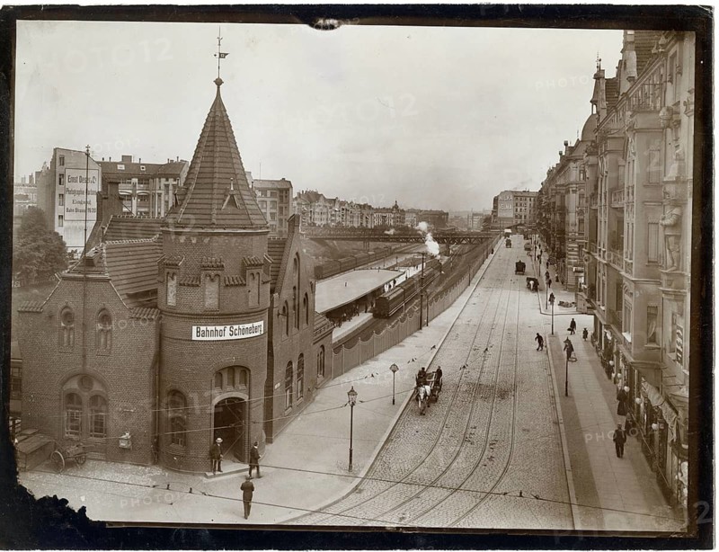 Berlin, Schöneberg, Schöneberg light rail and suburb station, station building, historic brick railway station with adjacent tracks and urban landscape, Oskar Sparke, 1908