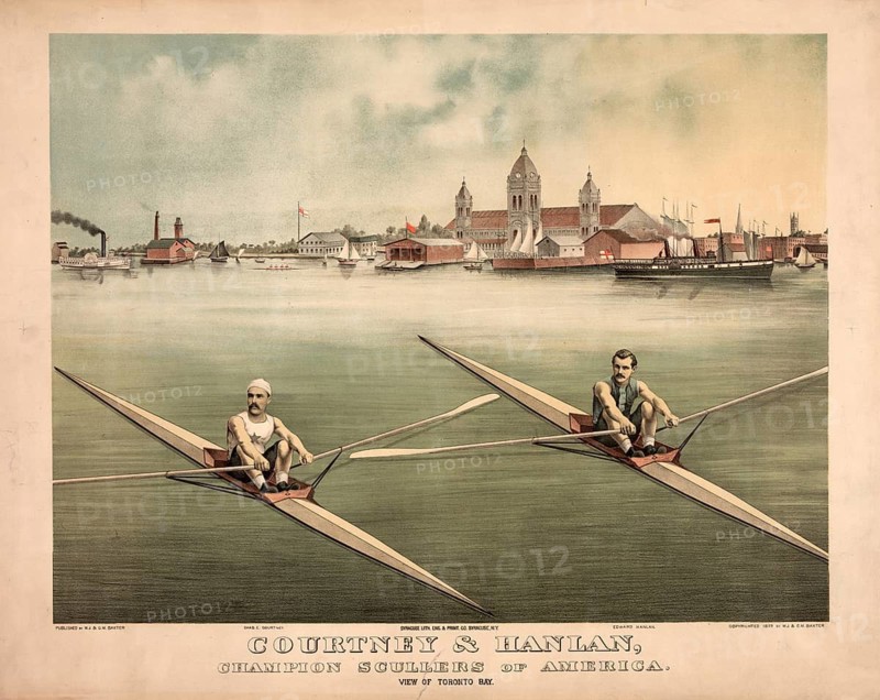 The American and Canadian rowing champions Charles E. Courtney (left) and Ned Hanlan (right), 1879, historical view of Toronto Bay in Canada featuring boats and waterfront buildings in the late 19th century, American history, authentic, high-resolution digitally restored reproduction from a 19th-century original, exact date of the image unknown, historical