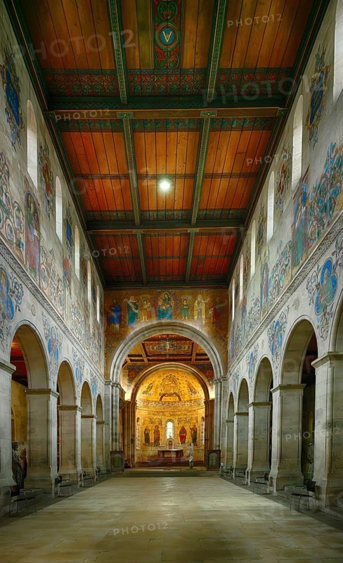 Interior view of the lapidarium, choir room, altar, wooden ceiling, St. John's Church, also St. John's Church, Schwäbisch Gmünd, Baden-Württemberg, Germany