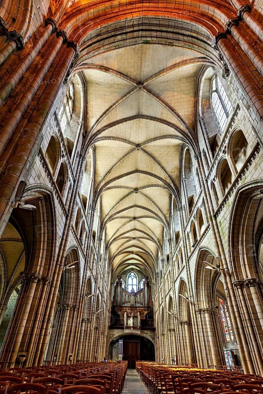 Gothic church interior with high vaults and incoming light, Saint-Paul-Aurélien Cathedral in Saint-Pol-de-Léon, Brittany