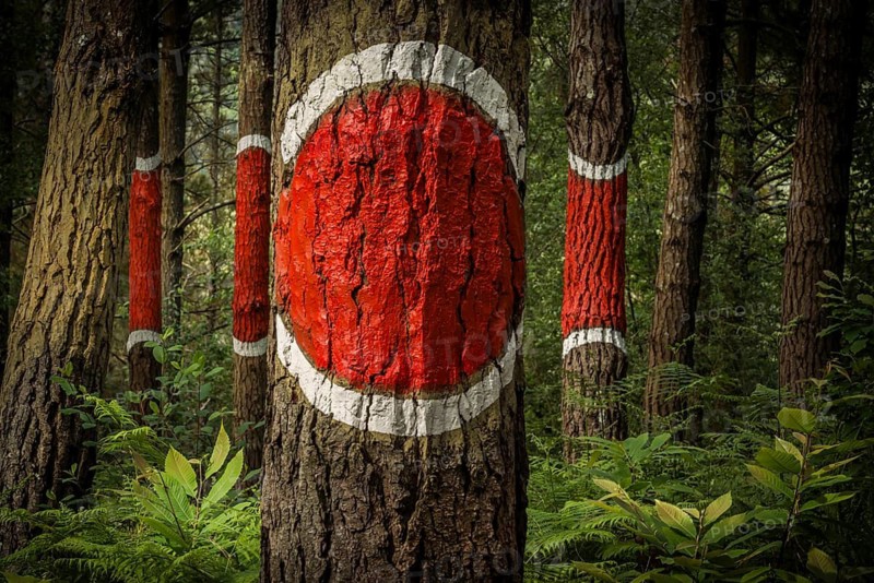 The painted forest Bosque de Oma, land art project in Kortezubi, Basque Country, Spain