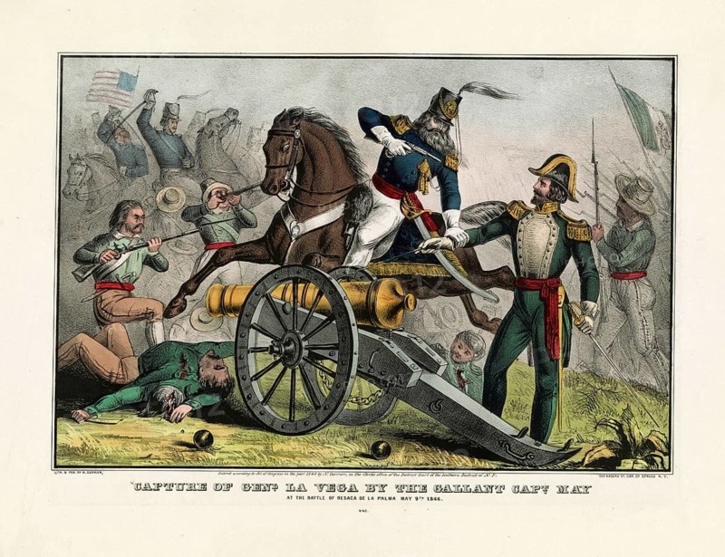 Capture of Mexican General Rómulo Díaz de la Vega by US Captain Charles A. May during the Battle of Resaca de la Palma on May 9, 1846 in the Mexican-American War. Captain May on horseback overwhelms Mexican General de la Vega directly at a cannon, authentic, digitally restored reproduction in high resolution from a 19th century original, exact date of depiction unknown, American history, historical