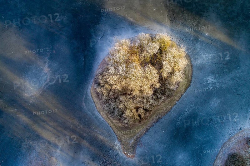 Aerial view of Ahlhorn fish ponds in winter, Ahlhorn, Lower Saxony, Germany