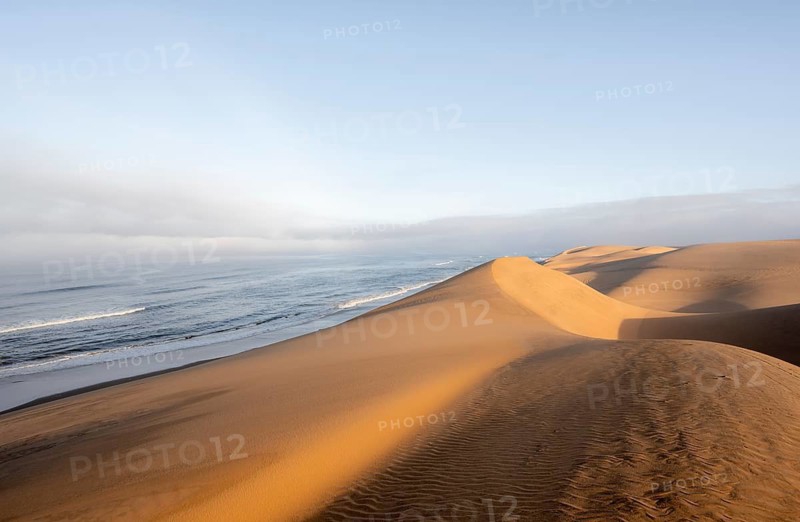 Sand dunes and sea in morning light, Atlantic coast and Namib desert, impressive desert landscape, Sandwich Harbour, Namib Naukluft Park, Namibia