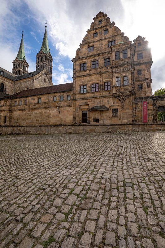 20 August 2026, The historic Alte Hofhaltung building stands on Domplatz next to Bamberg Cathedral in Bamberg, Germany