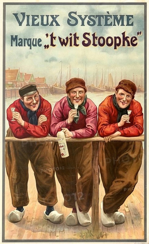 Advertising poster, beverage advertisement, poster from 1907 promotes Vieux Système Genever from the Jacques Neefs distillery in Antwerp. The artwork was chromolithographed by J.L. Goffart in Brussels. The scene shows three men in traditional work clothes drinking genever from small glasses, authentic reproduction of a historical advertising poster, advertising sign, in high resolution, historical