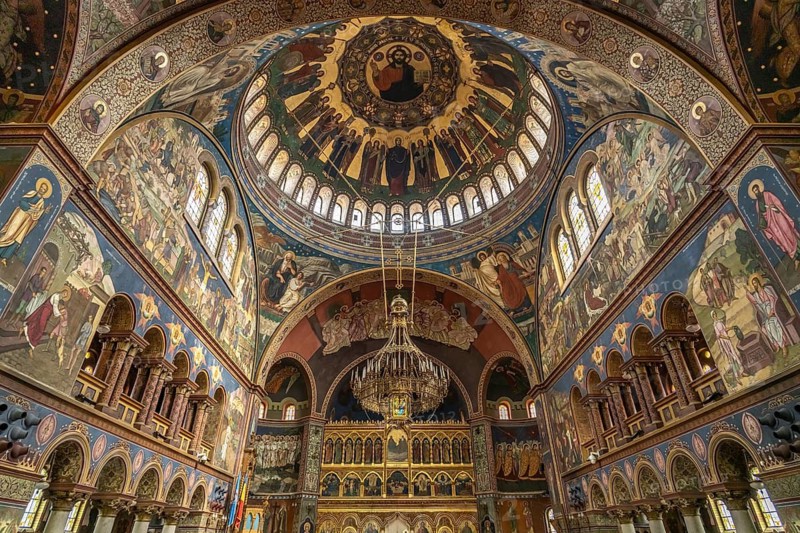 Interior and dome of the Holy Trinity Orthodox Cathedral in Sibiu or Sibiu, Transylvania, Romania