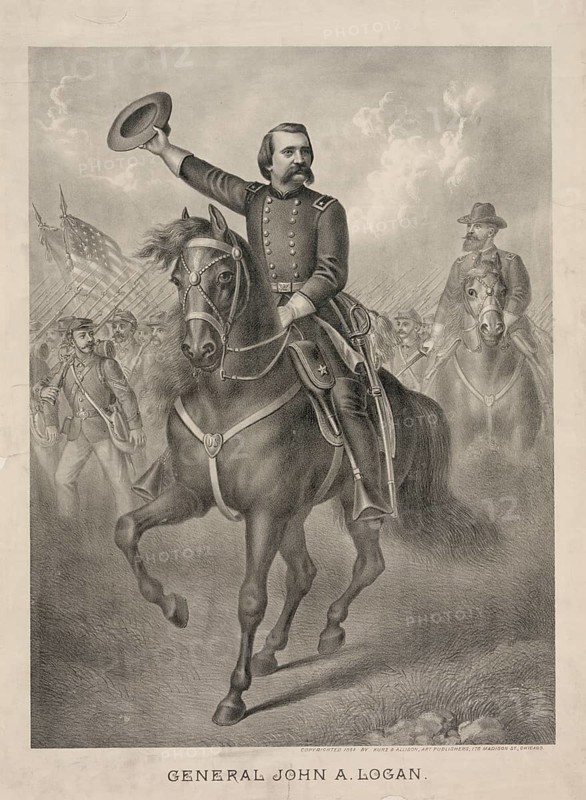 General John A. Logan (1826–1886), a renowned commander of the Union Army during the American Civil War and later a politician and co-founder of Memorial Day, American history, authentic, digitally restored high-resolution reproduction from a 19th-century original, exact date of the depiction unknown, historical