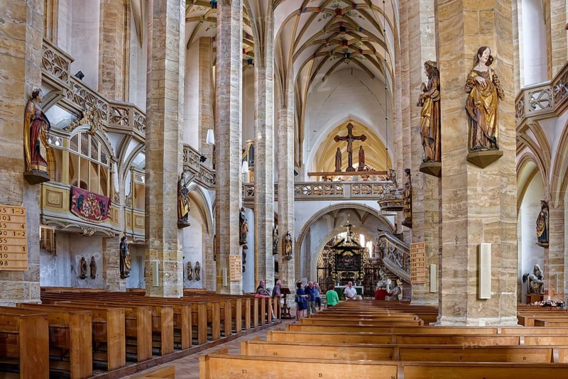 Nave, altar and triumphal cross group, tulip pulpit and miner's pulpit, Freiberger Dom St. Marien, religious building, interior, Silberweg interior, ore mining, silver mining, Margrave Otto the Rich, Wettiner, Freiberg, Saxony, Germany