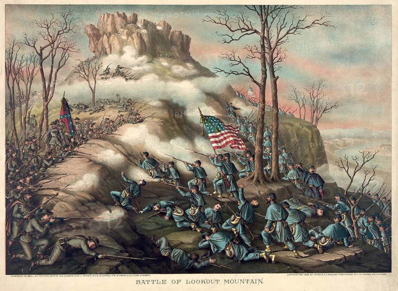 The Battle of Lookout Mountain, which took place on 24 November 1863 during the American Civil War. Historical context Conflict: American Civil War (War of Secession) . Location: Lookout Mountain near Chattanooga, Tennessee.Parties involved: Union forces under General Joseph Hooker fought against Confederate forces under General Braxton Bragg. Distinguishing features of the battle: Nickname: Battle Above the Clouds.Weather: Thick fog and low-hanging clouds shrouded the mountain on that day.Outcome: A decisive victory for the Northern States, which paved the way for the lifting of the siege of Chattanooga. American history, authentic, digitally restored reproduction from a 19th-century original, exact date of the depiction unknown, historical