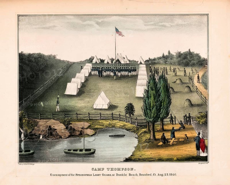 Camp Thompson military camp of the American militia Springfield Light Guard on a beach in Branford, Connecticut. an accurately set up tent camp with soldiers in formation, surrounded by fences, a flag and people and rowing boats on the water in the foreground, 1846, authentic, digitally restored reproduction in high resolution from a 19th century original, exact date of presentation unknown, American history, historical