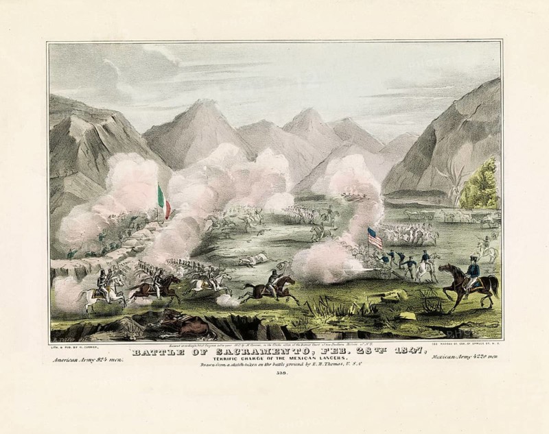 Color lithograph document showing the Battle of Sacramento, Feb. 28th 1847 — Terrific Charge of the Mexican Lancers from the Mexican-American War. The Battle of Sacramento took place near Chihuahua in Mexico on February 28, 1847. Conflict: A decisive engagement during the Mexican-American War in which American troops under Colonel Alexander William Doniphan were victorious. The American Army comprised around 924 men, the Mexican Army around 4220 men, American history, authentic, digitally restored reproduction from a 19th century model, exact date of depiction unknown, historical