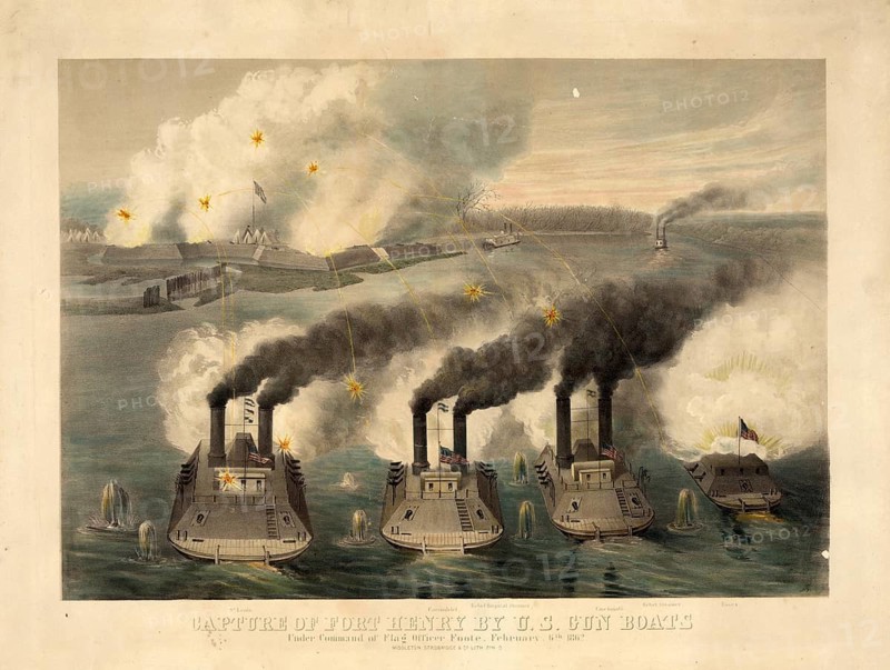 The Capture of Fort Henry under the command of Flag Officer Andrew H. Foote during the American Civil War, armoured Union river gunboats firing on the riverbank fortifications, an authentic, digitally restored high-resolution reproduction of a 19th-century original, exact date of the scene unknown, American history, historical